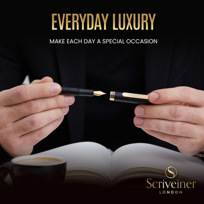 Scriveiner Luxury EDC Fountain Pen (Fine), Stunning Black Pocket Pen with Real Gold Finish, Schmidt Gilded Nib, Ink Converter, Best Writing Gift Set for Men & Women, Nice Fancy Office Designer Gift