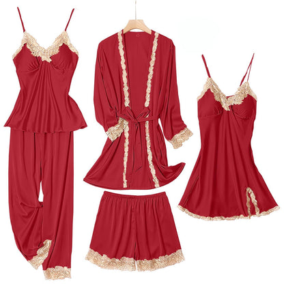 SAPJON Womens Pajama Sets 5PCS Silk Pajamas for women Cute Sleepwear Loungewear Satin Pajamas Sets for Women Soft