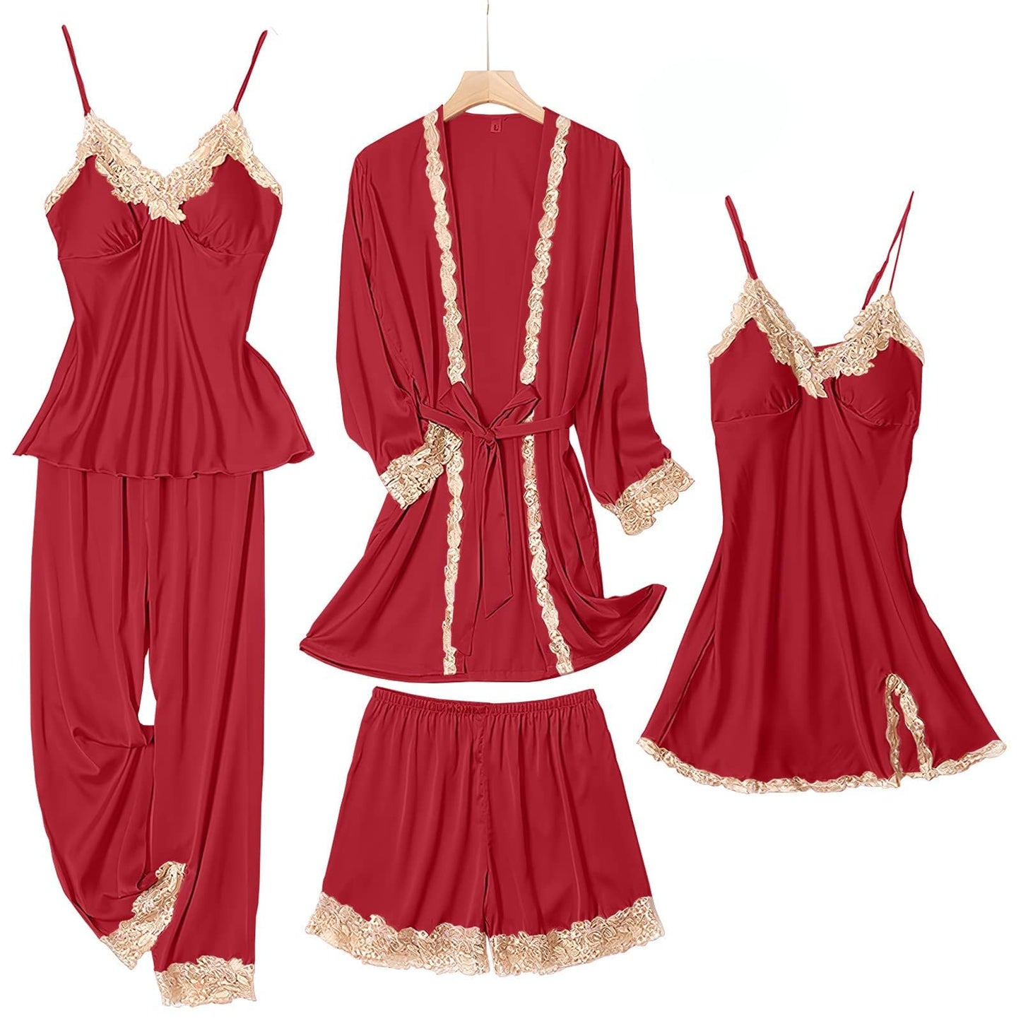 SAPJON Womens Pajama Sets 5PCS Silk Pajamas for women Cute Sleepwear Loungewear Satin Pajamas Sets for Women Soft