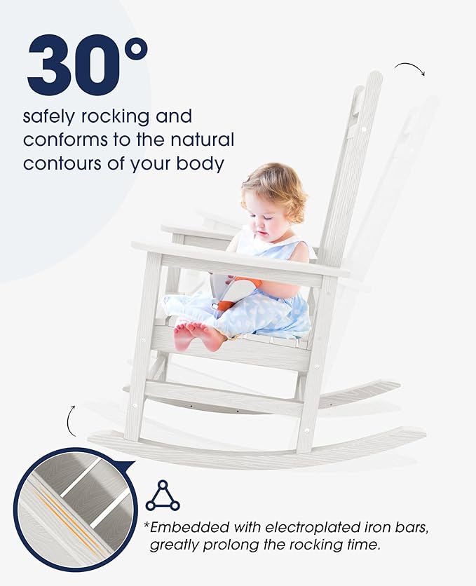 KINGYES Oversized Outdoor Rocking Chair, All-Weather Patio Rocking Chairs for Porch, HDPE Outdoor Patio Rockers with High Back & Wide Seat for Garden, Lawn, White
