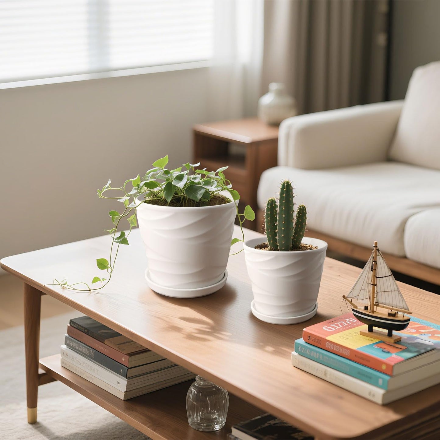 YUFDA 6.7 + 5.5 Inch Plant Pot, Ceramic Planter with Drainage and Saucer,Ceramic Pots for Plants, Indoor Plant pots,Succulent Orchid Flower Pot(Pure White)