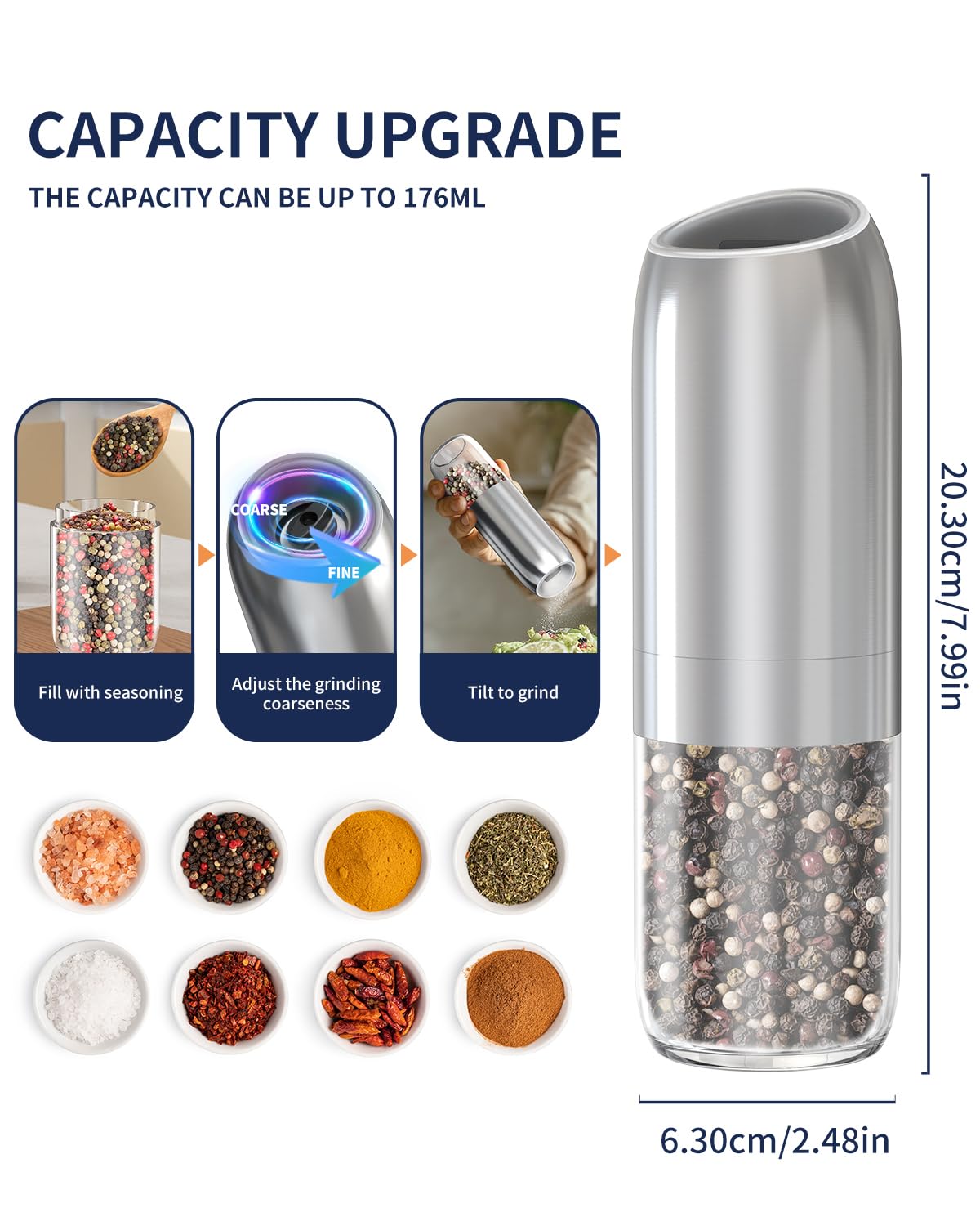 CIRCLE JOY Gravity Electric Salt and Pepper Grinder Set Battery Powered Stainless Steel Pepper Mill Grinder with 176ml Container, Adjustable Coarseness, Bright LED Light and One Hand Operation, Silver
