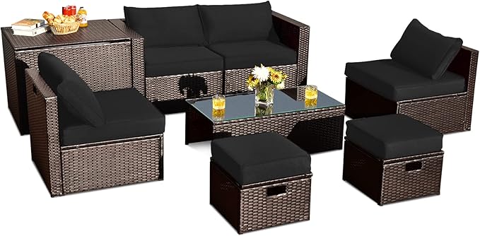 Tangkula 8 Piece Patio Furniture Set, Patiojoy Outdoor Space Saving PE Rattan