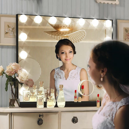 Hollywood Vanity Mirror with Lights, 15 Dimmable Bulbs, 3 Color Lights,Make Up Lighted Mirror, Aluminum Metal Frame, USB Charging Port（23" x 18"）