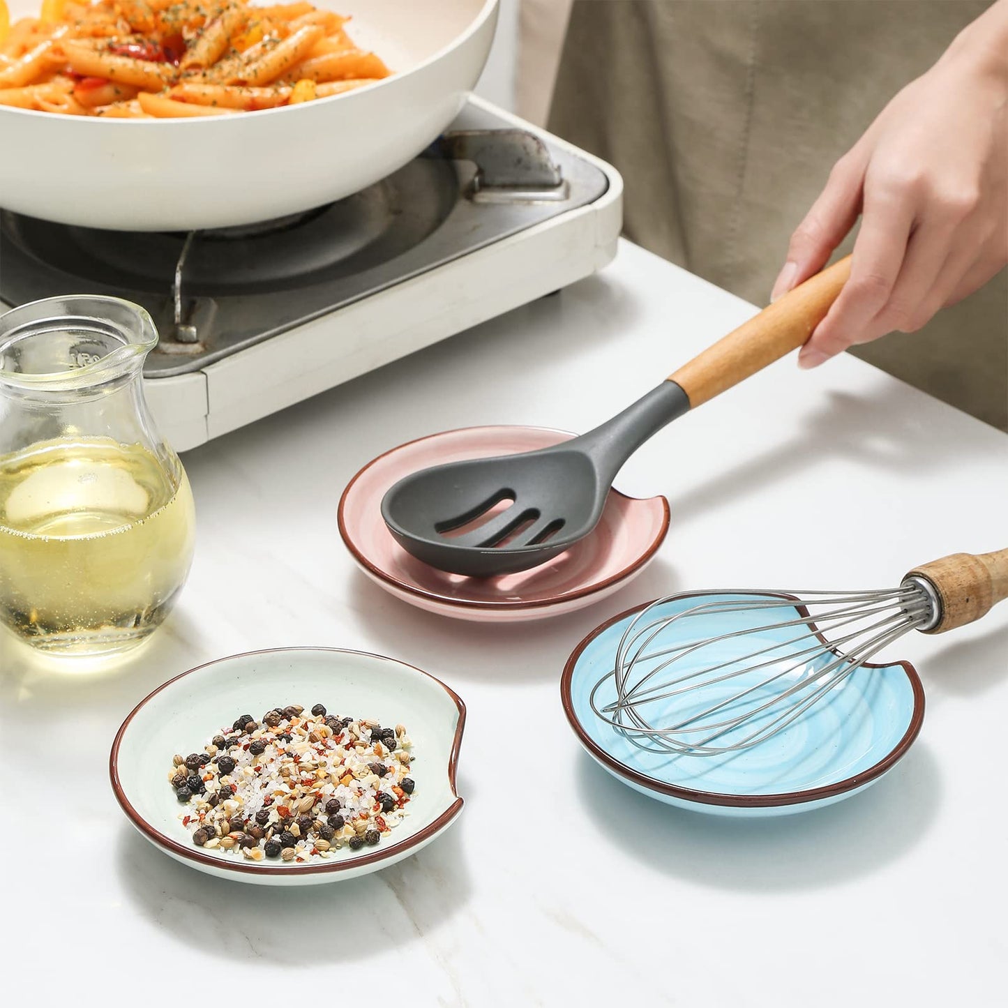 Selamica Ceramic Spoon Rest for Stove Top, 4.6 Inch Cooking Spoon Holder for Kitchen Counter, Stackable Utensil Rest Holder for Spatula Ladles Tong Coffee Spoon, Set of 4, Gradient Color