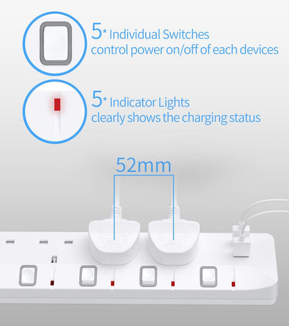 PIBEEX Extension Lead with 4 Way Plug Sockets, Wall Mountable Extension Socket with Individual Switches and 2 USB Charging Ports, 13A 3250W, 2M Extension Cord