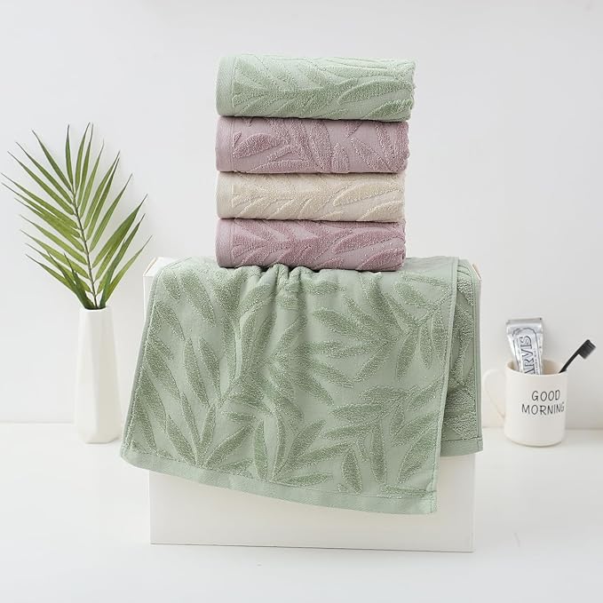 Pidada Hand Towels Set of 2 Leaf Pattern 100% Cotton Absorbent Soft Decorative