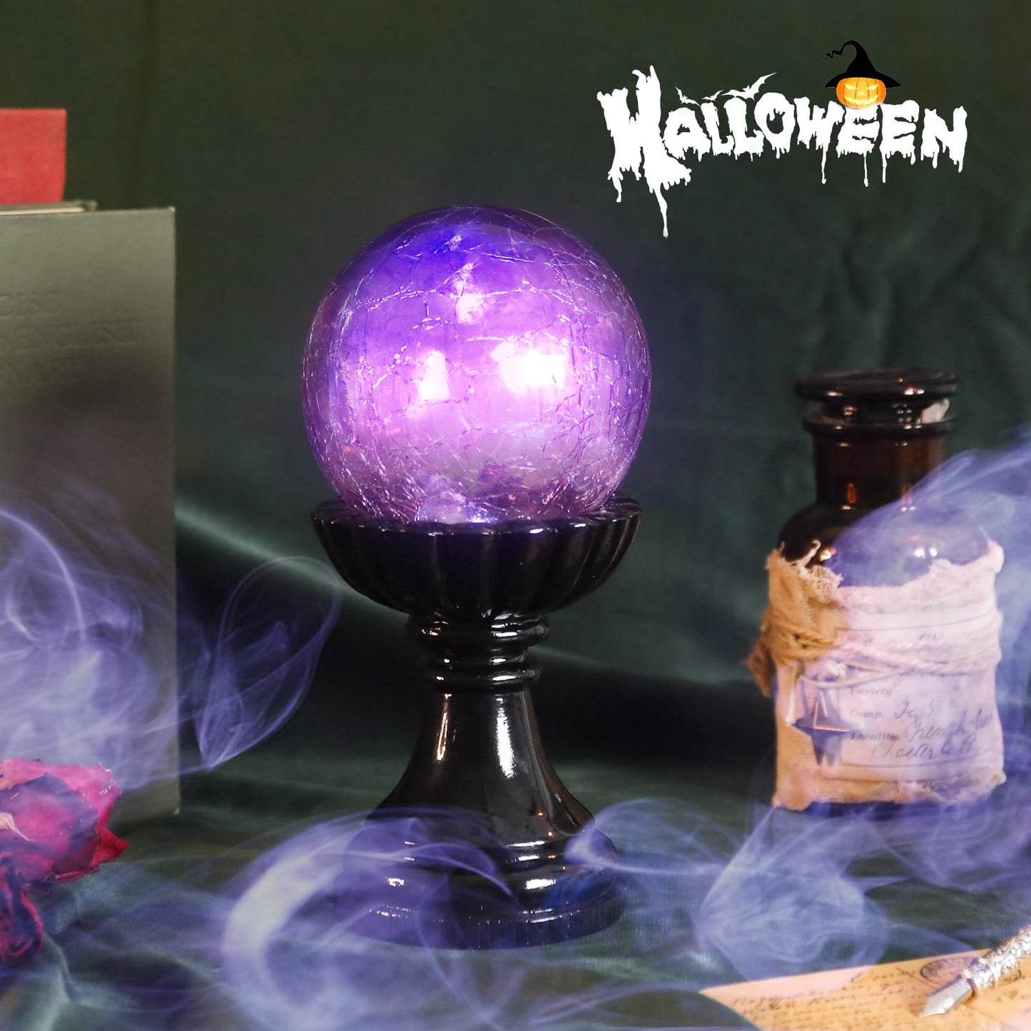 MUMTOP Halloween Indoor Decorations, Purple Glass Crackle Globe with LED Light Halloween Magic Ball Figurine Resin Statue for Home Kitchen Room Party Table Decor