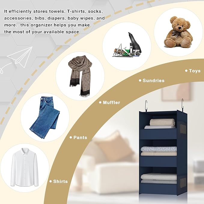 3-Shelf Hanging Closet Organizer and Storage, Foldable Hanging Closet Shelves