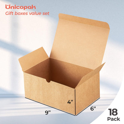UnicoPak 18 Pack 9x6x4 Gift Boxes Bulk Brown Kraft Gift Boxes with Lids for Presents for Gifts Birthday Wedding Bridesmaid Proposal Valentines Christmas