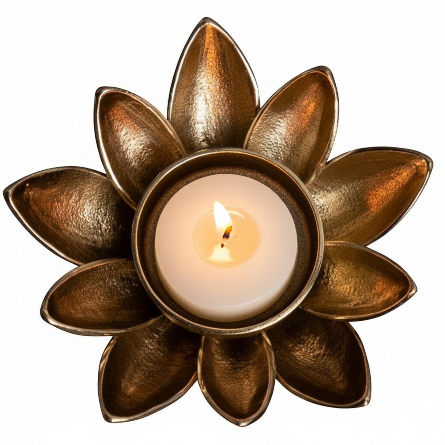 Decorative Lotus Flower Tea Light Candle Holder, Bronze Metal, 3 Inch, Floral Design