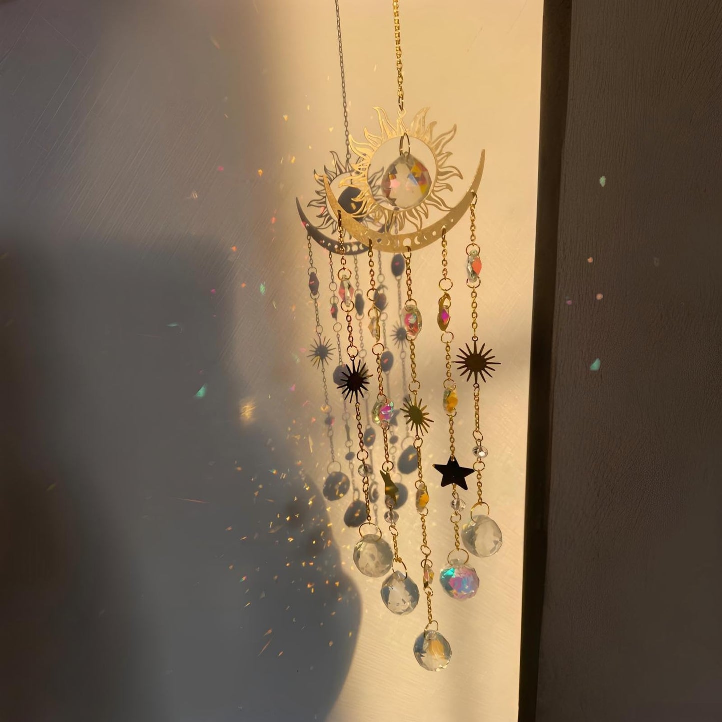 Sun and Moon Crystal Suncatcher for Window Hanging, Prism Sun Catcher with Chain and Hook, Rainbow Maker for Ceiling Porch Indoor Window Home Garden Christmas Day Party Wedding Decoration