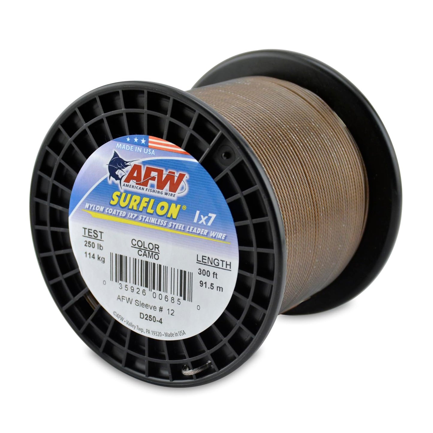 American Fishing Wire Surflon Nylon Coated 1x7 Stainless Steel Wire Leader - Wire Fishing Leader Line for Saltwater 10lb Up To 250lb Test in Bright, Black, Camo in 30ft, 100ft, 300ft, & 1000ft Lengths