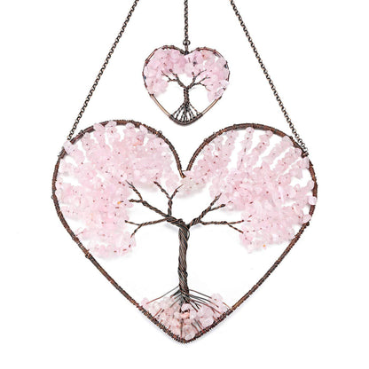 PESOENTH Rose Quartz Crystal Tree of Life Heart Wall Hanging Decor Gifts for Women,Bohemian Pink Healing Crystals Reiki Stones Ornaments Spiritual Gifts Christmas Tree Home Hanging Decorations