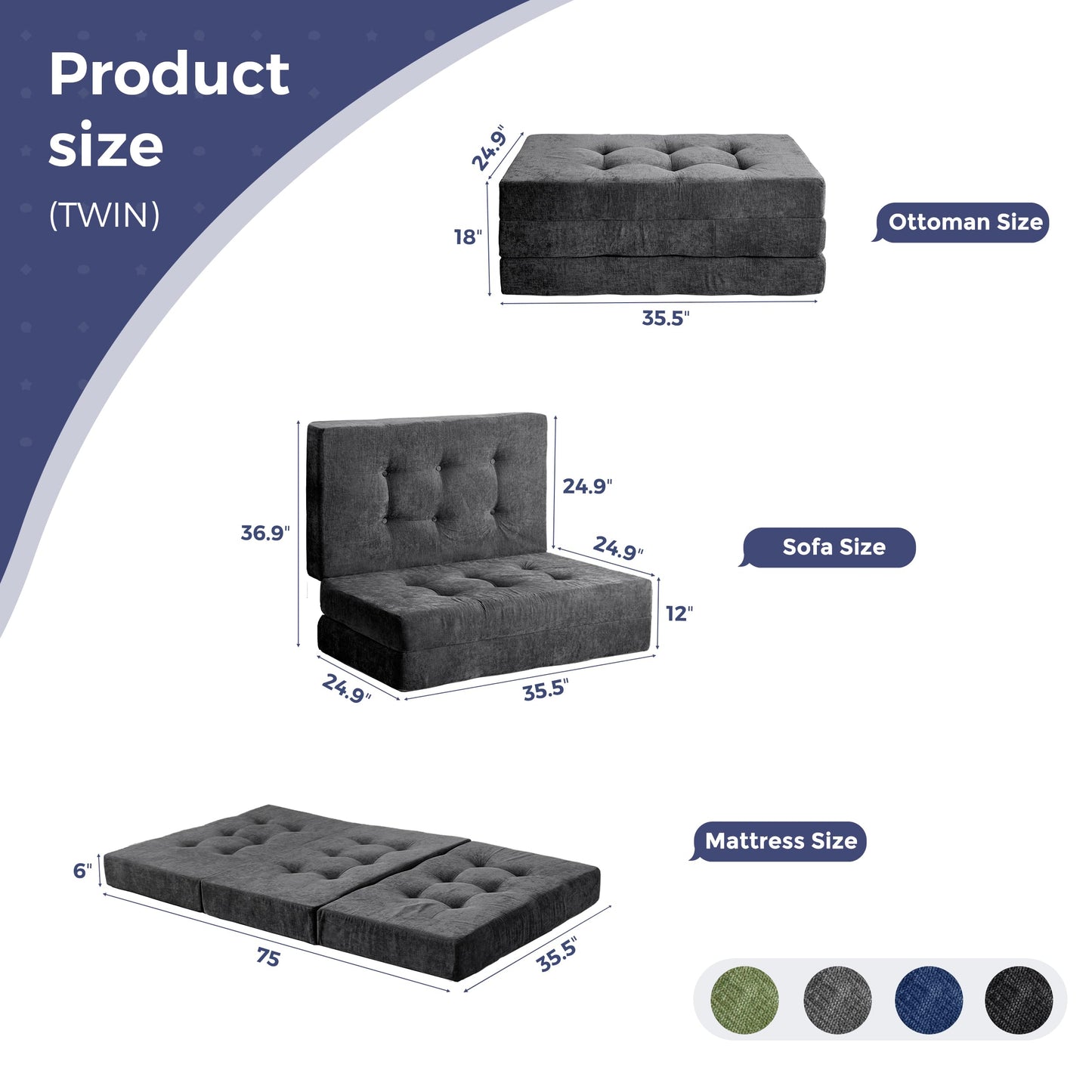 MAXYOYO 6" Folding Sofa Bed for Floor, Tufted Tri-Fold Floor Couch Bed with Chenille Fabric, Twin Size Portable Sofa Couch Guest Mat for Adults, Foldable Topper for Camping, Dark Grey, 35.4"x75"