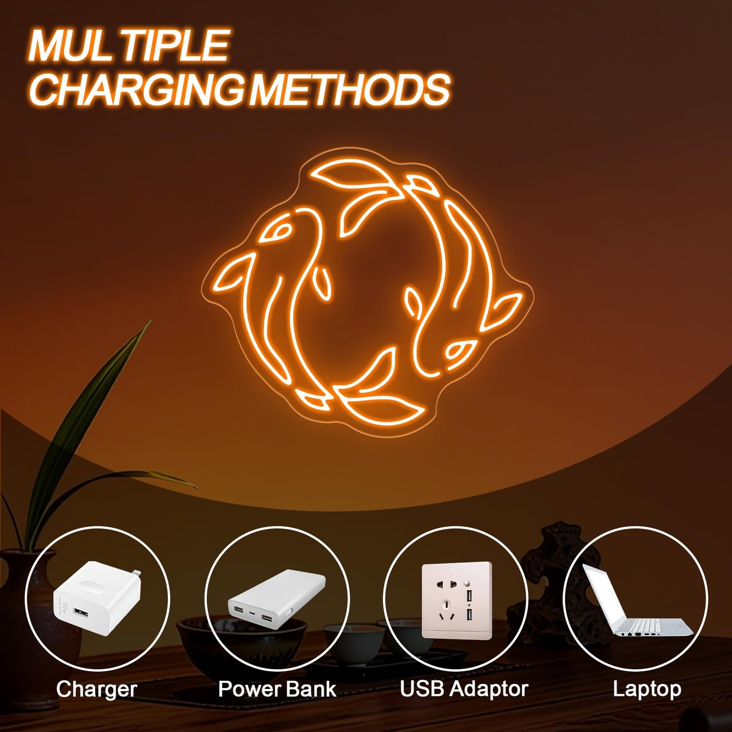 Koi Fish Neon Sign, Orange LED Neon Sign Wall Decor, Yin Yang Inspired Neon Signs for Wall Decor, Koi Fish LED Neon Wall Art Light for Bedroom Living Room Office Home Decor 15.4”×13.4”