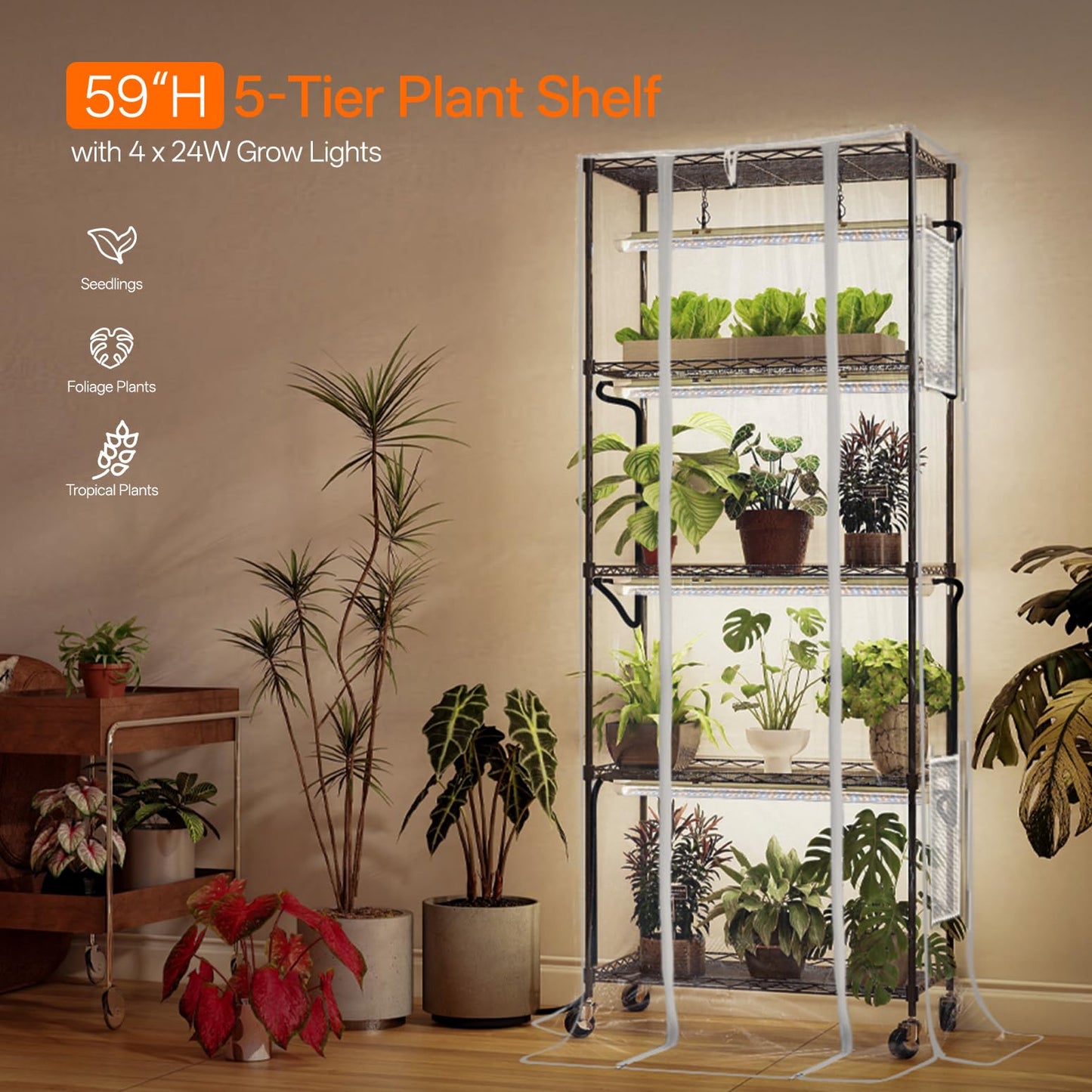 Bstrip Indoor Greenhouse, 5 Tier 23.5"x13.8"x59" Mini Greenhouse with Grow Light, 4 Pack 24W Full Spectrum Plant Lights & Timer, Plant Stand with Grow Light for Indoor Plant, Seed Starting, Seed Tray