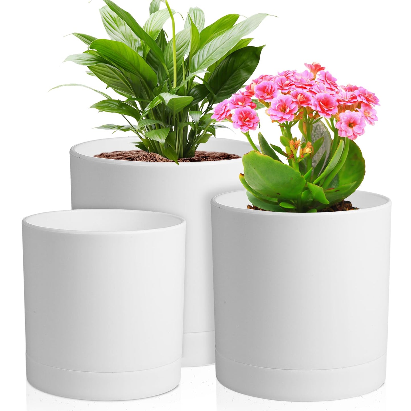Meowell 6/5/4 inch Flower Pots, Pack of 3 Cylinder Plant Pots for Small Indoor Outdoor Plants, Plastic Planters with Drainage Holes and Saucers for Garden Succulent Nursery House Plants, White
