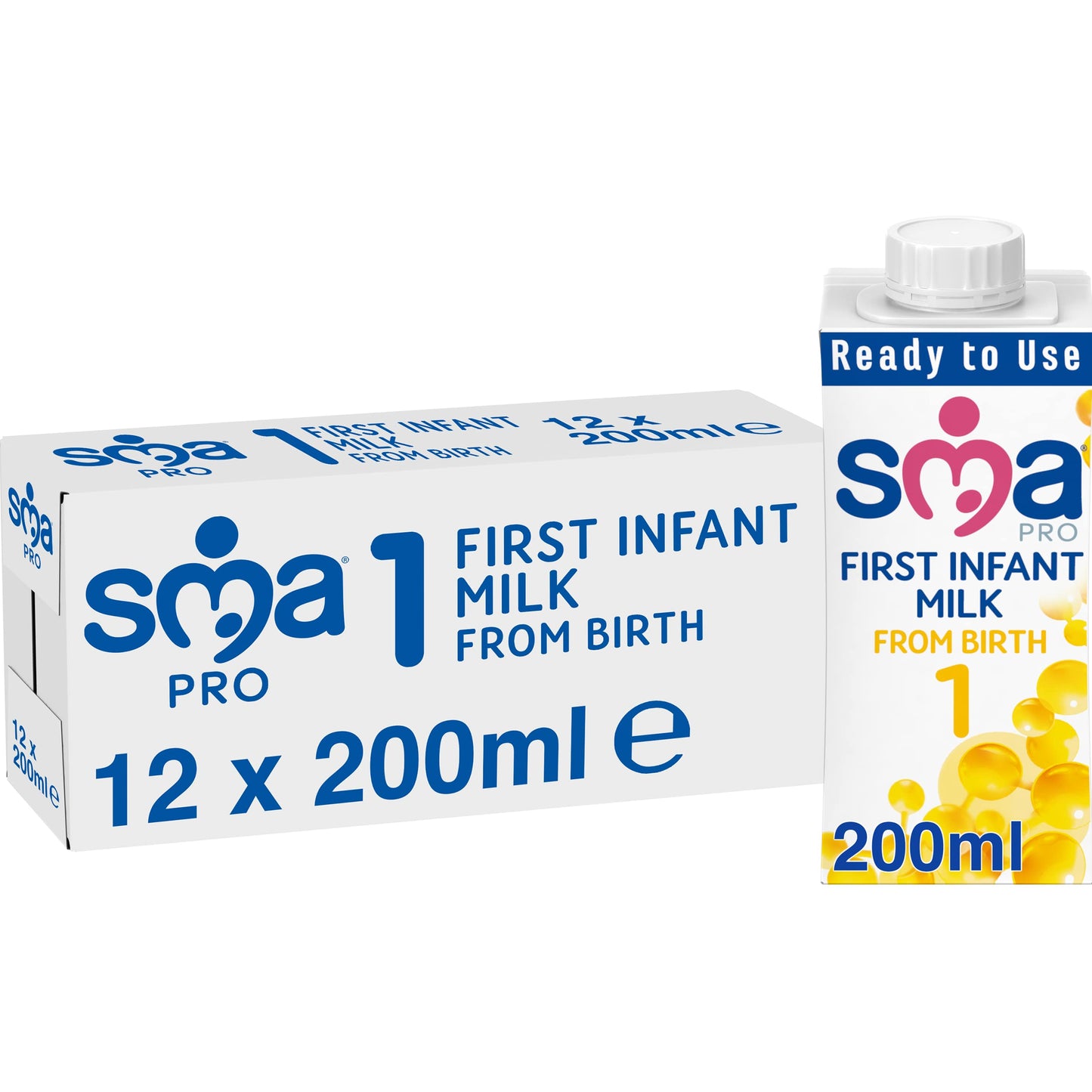 SMA First Infant Baby Milk, Pro from Birth, Ready to Use, Liquid Formula Milk, 200 ml (Pack of 12), Packaging May Vary