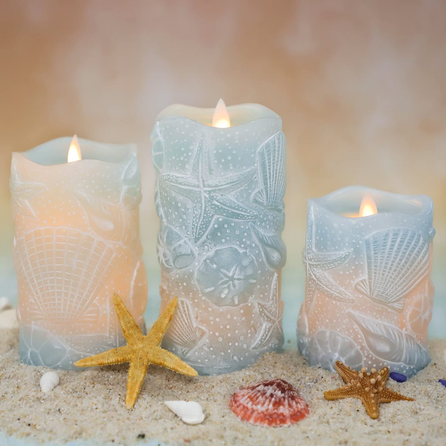 Silverstro Ocean Flameless Candles Remote Carved Seashell Real Wax Flicker Battery Operated Candles for Home Party Wedding Nautical Thanksgiving Christmas Easter Decor - Set of 3(Blue)