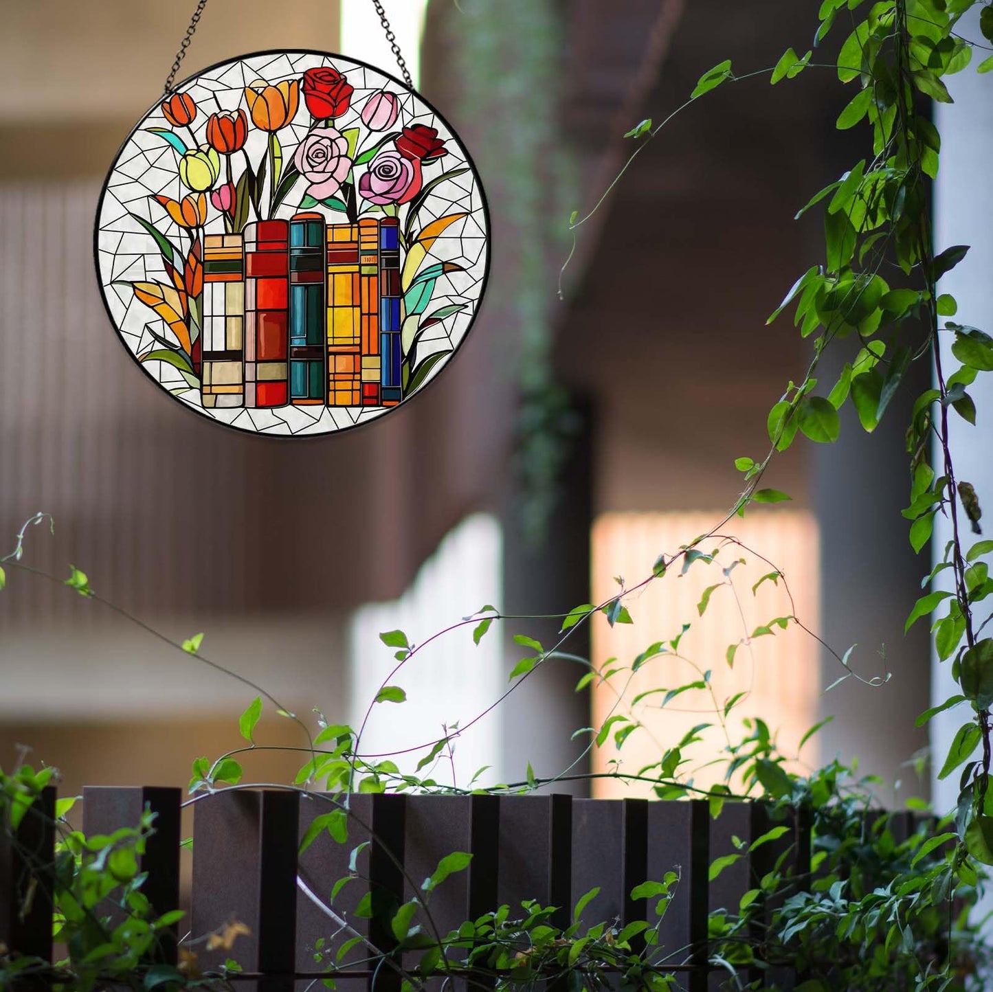 RVEAFA Flower Book Stained Glass Window Hanging 9.8'' Sun Catcher Book Club Lover Gifts for Women Reading Room Decor Handmade SunCatcher Decoration for Garden Home Bookish Library Decor