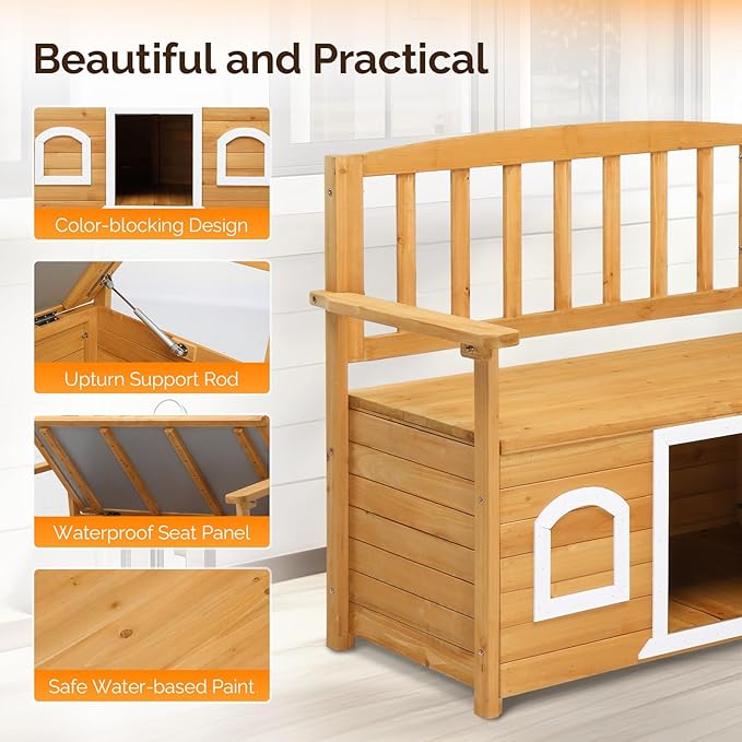 VINGLI Outdoor Storage Bench with Built-in Dog House, 2-in-1 Outdoor Waterproof Patio Bench with Pet Kennel for Patio Backyard Porch (Natural)
