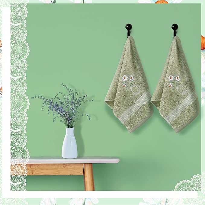 2 Pcs Daisy Flower Hand Towels Gray Green Bathroom Decor 14x29 Inch Embroidered
