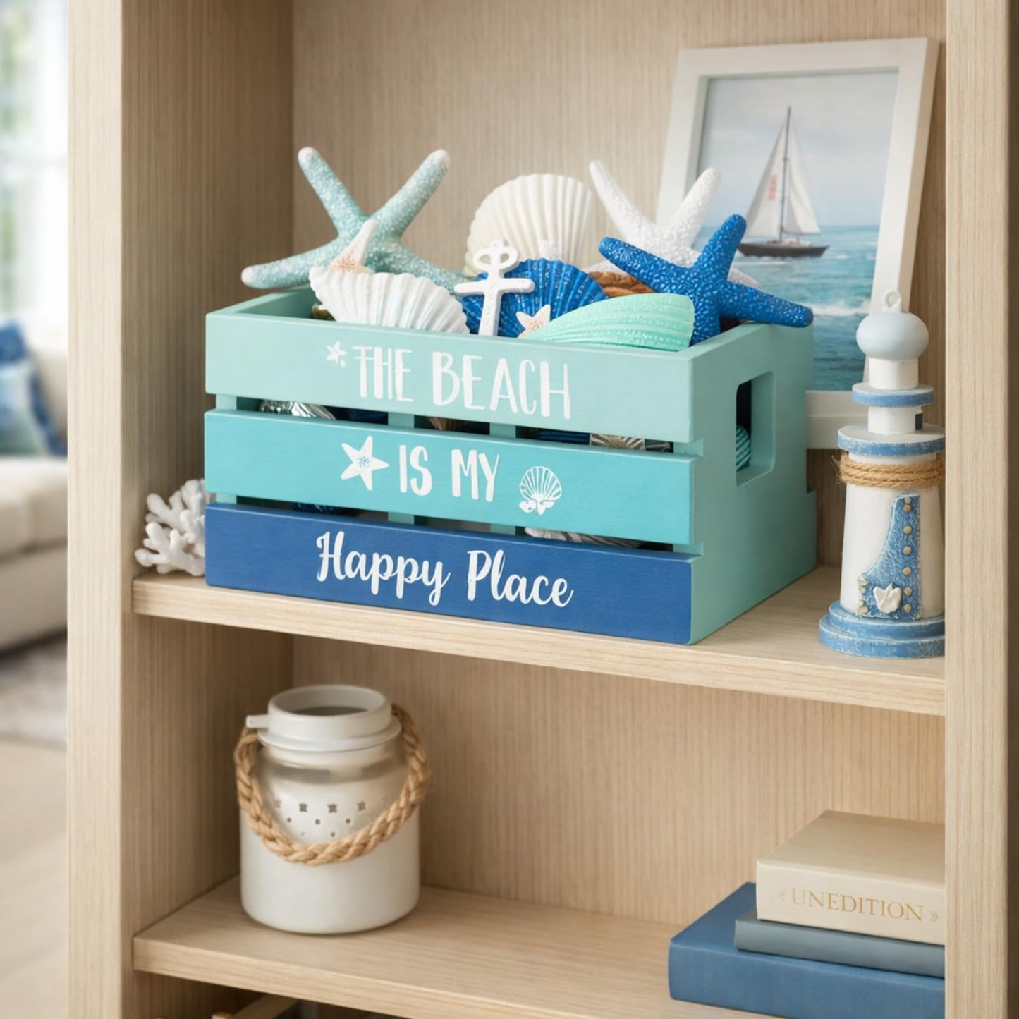 Maitys Beach Summer Table Decor Tiered Tray Decor Coastal Mini Wood Crate with 8 Starfish Shell Decoration, Farmhouse Table Centerpiece Rustic Nautical Decoration for Home Office Bathroom Shelf Mantel