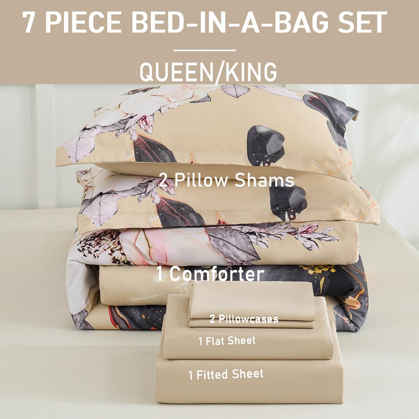 Yogeneg Queen Comforter Set 7 Piece Bed in a Bag,White Black Floral Botanical Pattern Khaki Bedding Set,Soft Microfiber Comforter with Sheet Set,All Season Bed Set(Khaki,Queen)