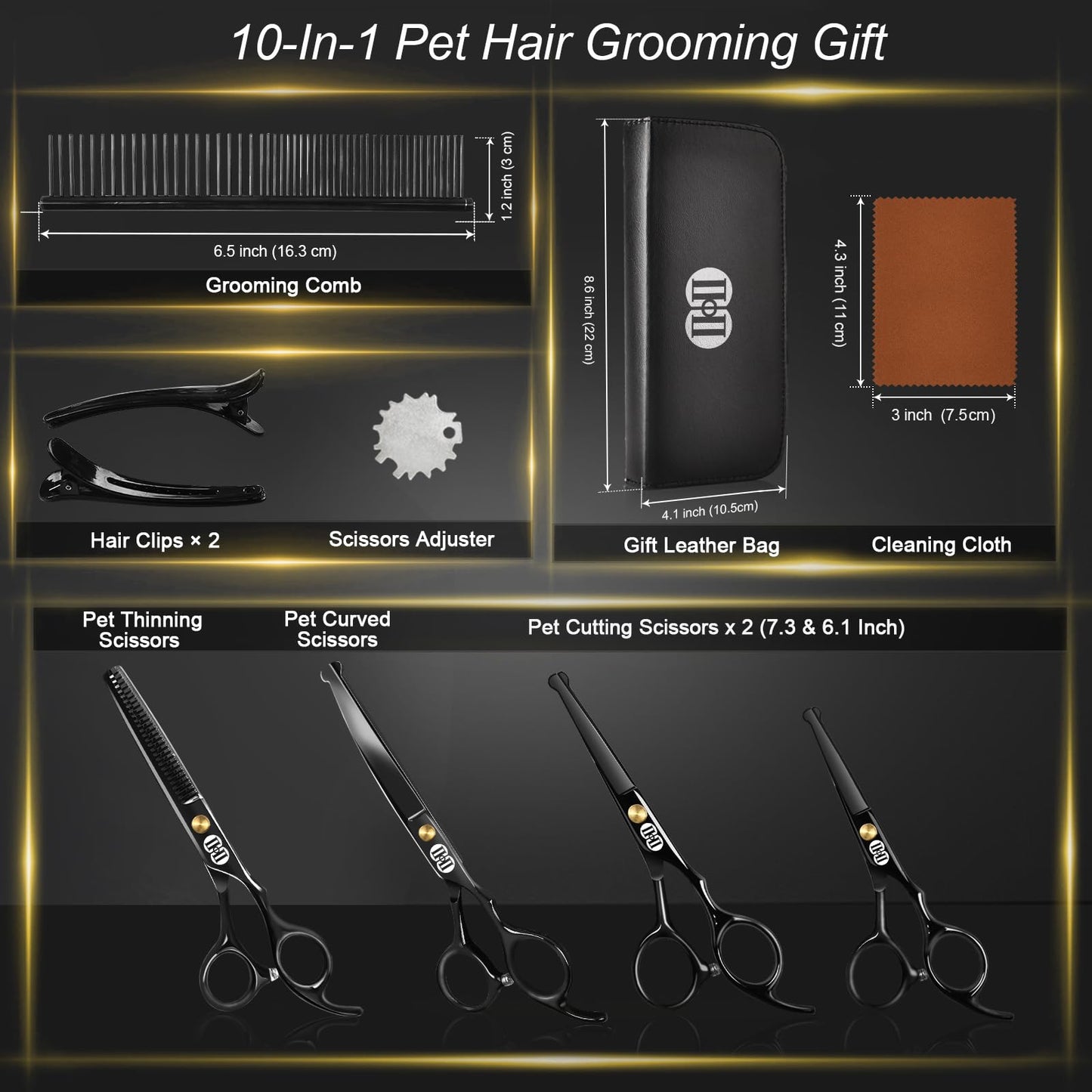 CIICII Dog Grooming Scissors Kit, 10-in-1 Professional Pet Grooming Scissors Set with Safety Round Tip (Dogs/Cat Hair Cutting Trimming Thinning Shears with Curved Scissor) for DIY Home Salon (Black)