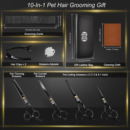 CIICII Dog Grooming Scissors Kit, 10-in-1 Professional Pet Grooming Scissors Set with Safety Round Tip (Dogs/Cat Hair Cutting Trimming Thinning Shears with Curved Scissor) for DIY Home Salon (Black)