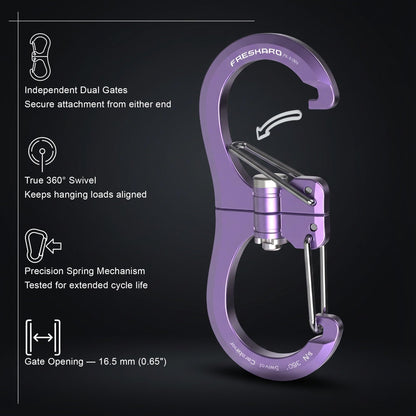 FresKaro 1kN Carabiner Clips, Heavy Duty Double-Ended Wire Gate Carbineers, Small Non Locking Carabiners, Key Clip and Keychain Hook, Strong Aluminum Spring Snap Karabiners, 360 Swivel, Purple 5pcs
