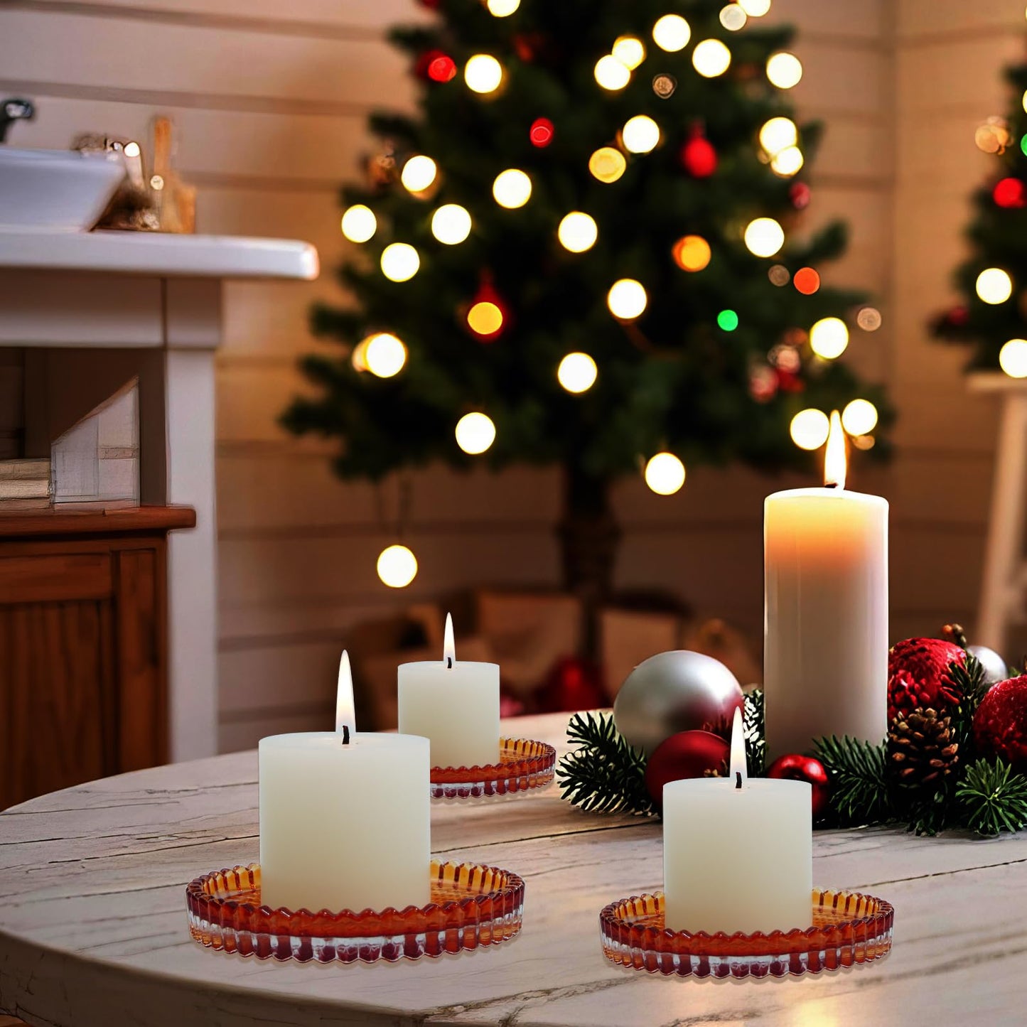Jollyhilan Candlestick Glass Candle Holder Plates Set of 6, Round Glass Candle Tray Plates for Dining Wedding Lantern Festival Party Evening Light, Amber