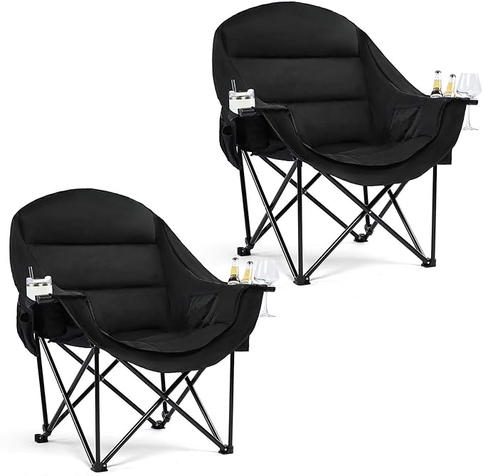 Oversized Camping Chair for Adults - Heavy Duty Outdoor Padded Large Lawn Camp Chair with Cup Holder Cooler Pockets for Sports Beach Fishing Garden Portable Supports 500lbs, AllBlack 2 Pack