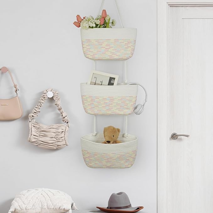 TeoKJ 3-Tier Woven Cotton Wall-Mounted Hanging Storage Baskets, Over the Door