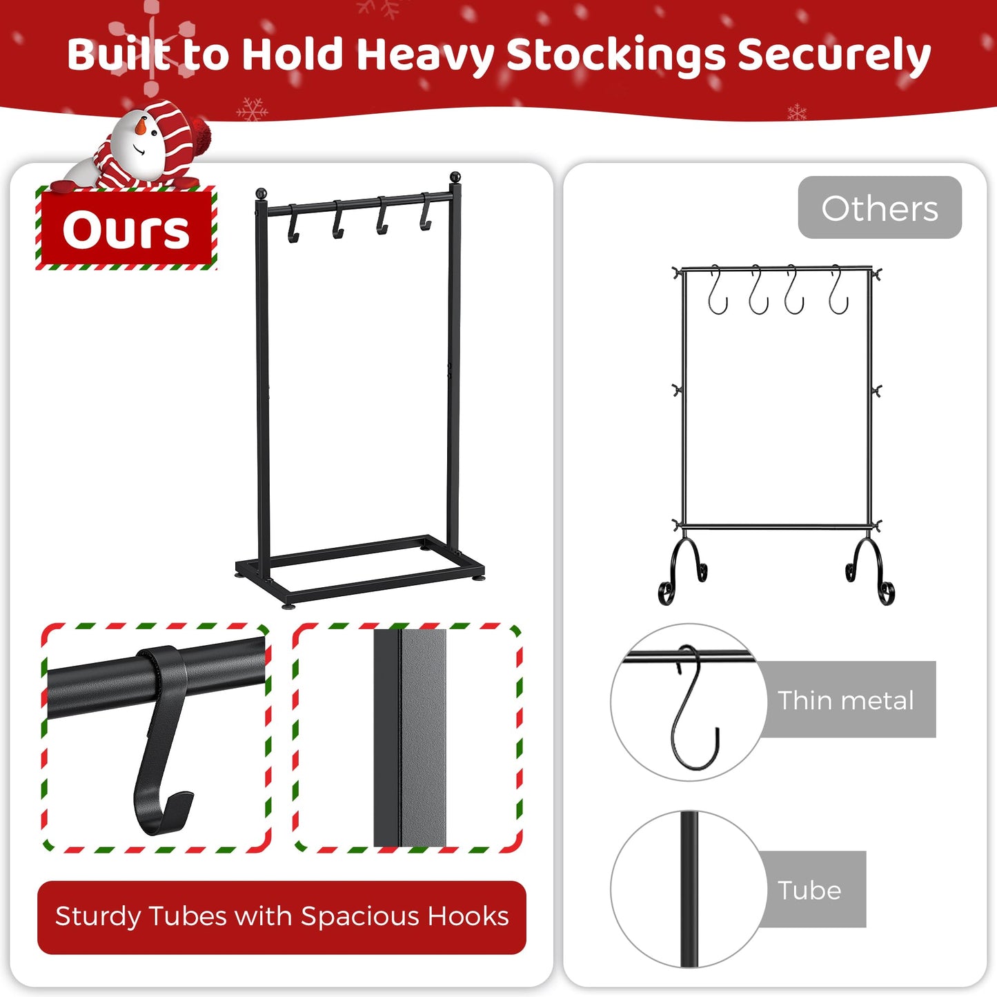 VERSASKY Christmas Stocking Holder Stand for Floor, Free Standing Stocking Rack with 4 Removable Hooks, Heavy Duty Metal Frame, 40 lbs Capacity, Adjustable Feet for Stable Display, Black
