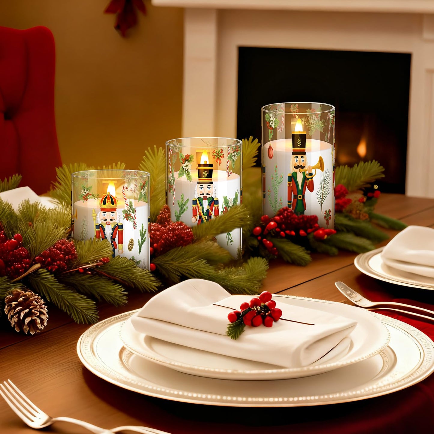 Glooglitter 3 Pcs Nutcracker Christmas Flameless Candle with Remote Timers Christmas Battery Operated Candles LED Flickering Candlestick for Xmas Party Home Decor
