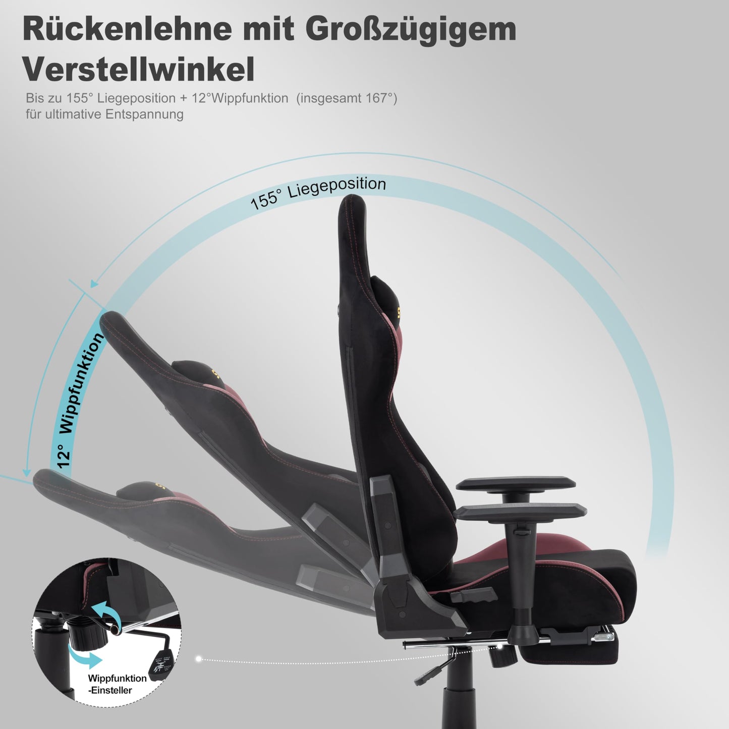 Symino Gamer Chair, Two-Tone Design, Wrap Seat, Lumbar Support & Head, 150° Tilt, Gas Class 3 SGS, 150 kg (Faux Suede, Black Red)