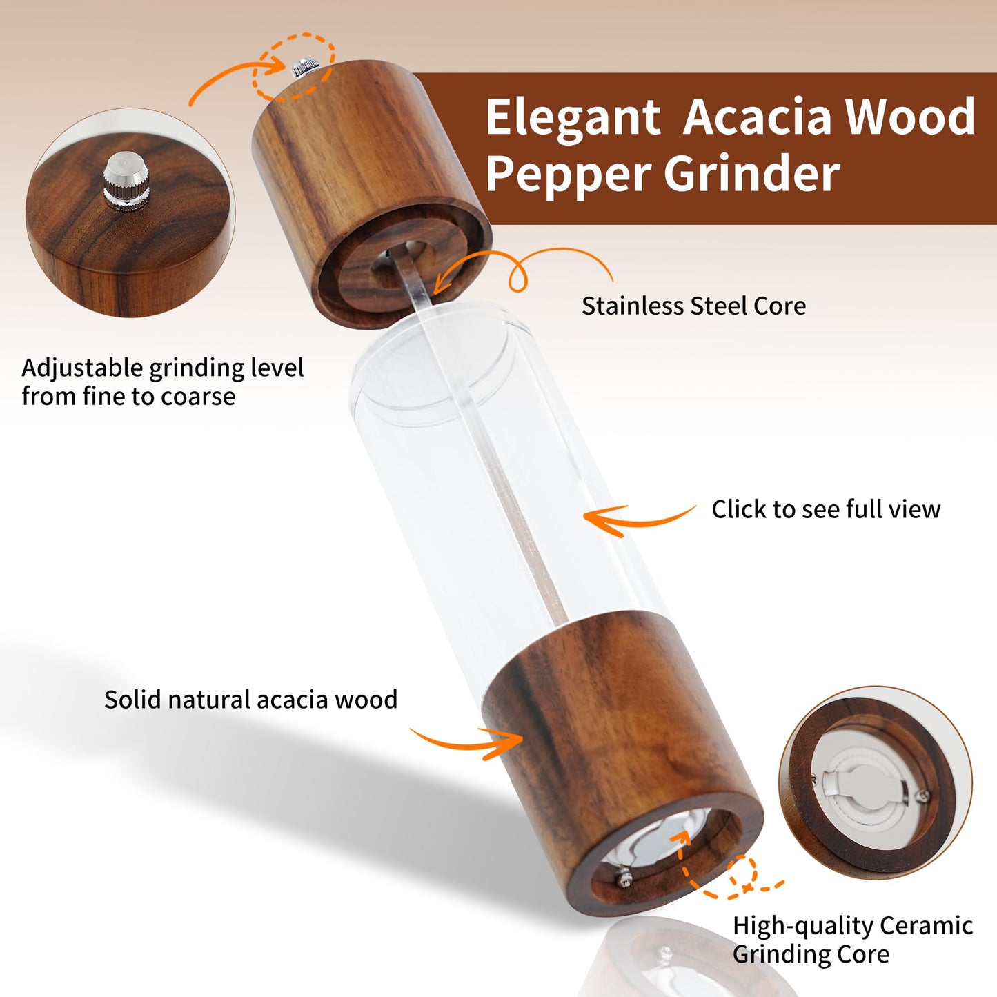 Acacia Wood Premium Acrylic Salt and Pepper Grinder Set, 2 Pack 8 Inches Refillable Salt and Pepper Mill Set, Manual Mills- Crafted of Solid Wooden Shakers with Adjustable Ceramic Core
