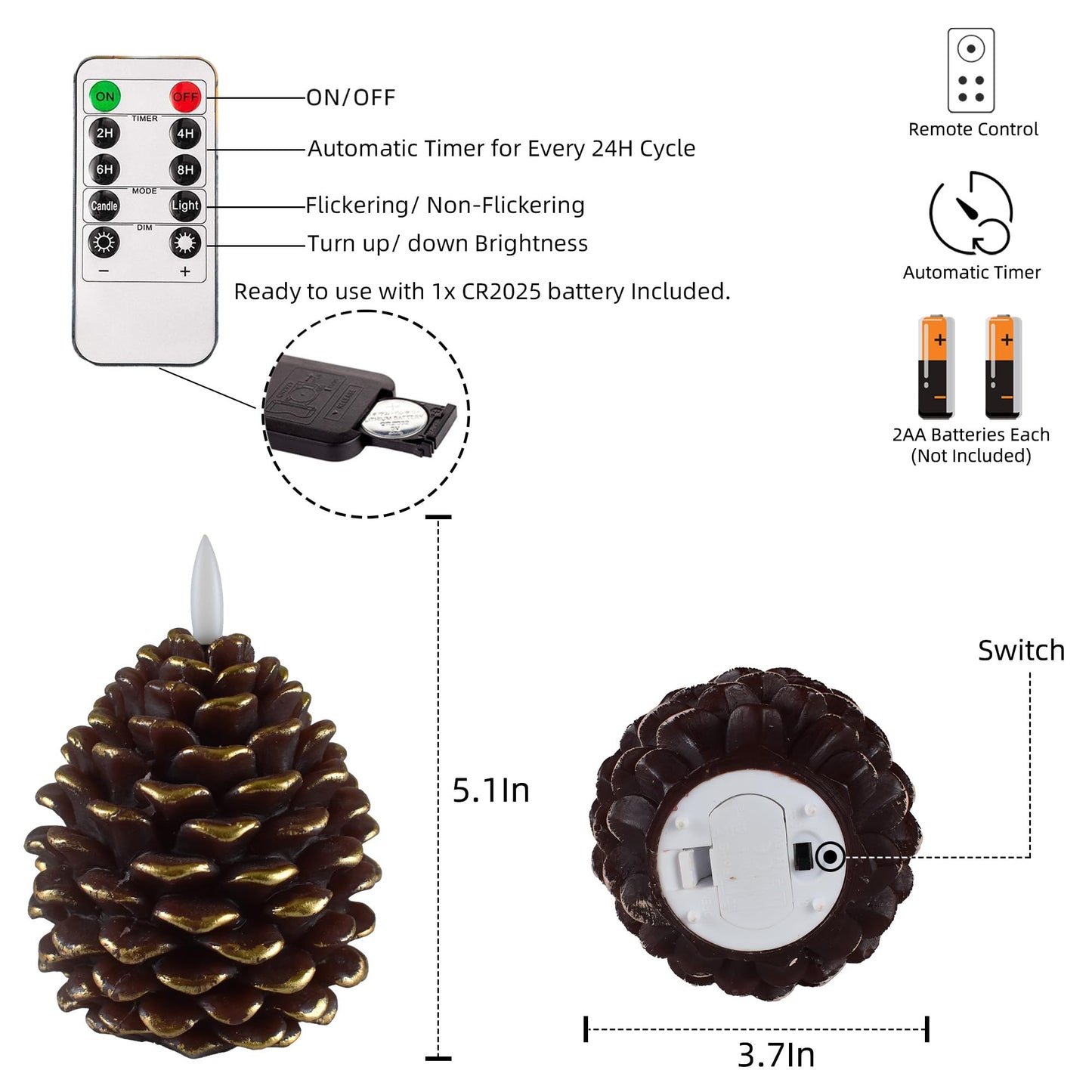 Pansyling 2pcs Flameless Pinecone Candles with Remote, Battery Operated Pine Cone Candles Real Wax Winter Decor, Flickering LED Christmas Decoration, D3.5 x H5 Inch, Brown & Gold Trim