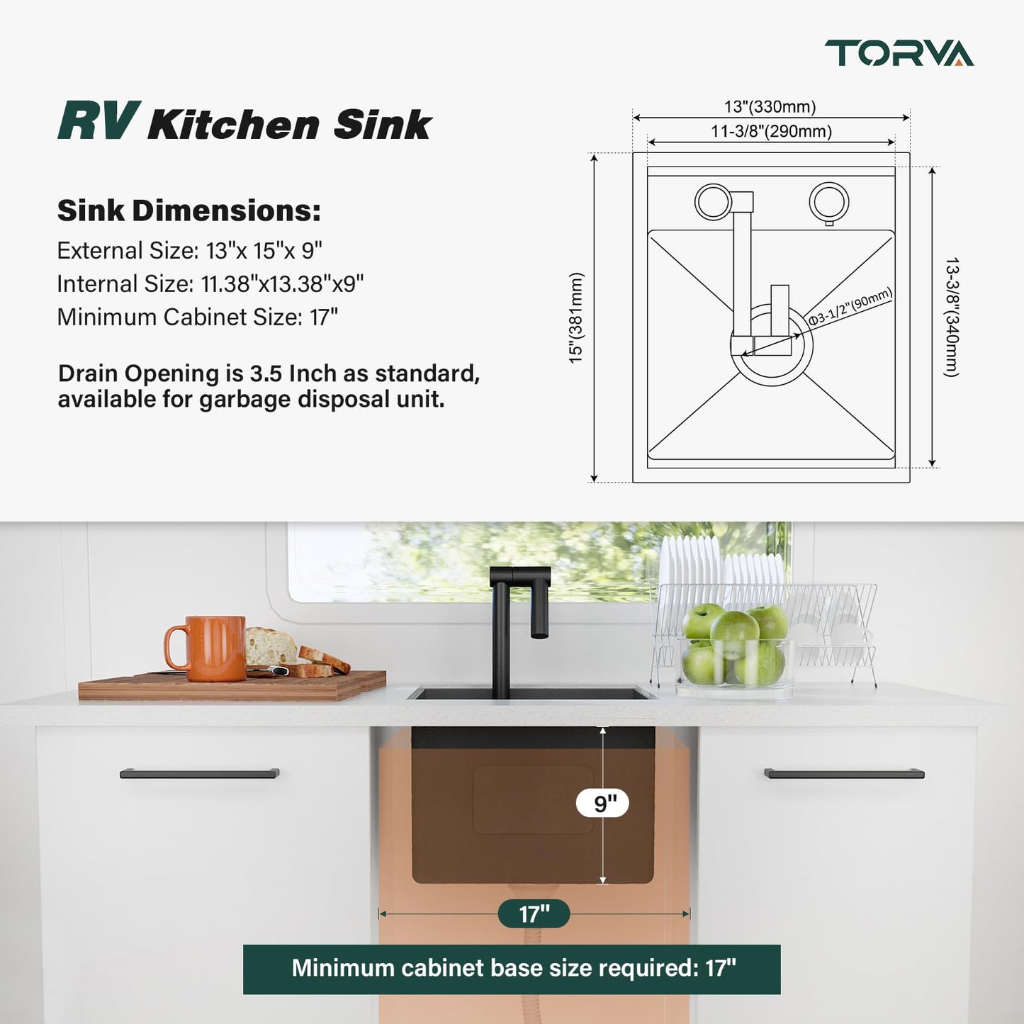 TORVA RV Kitchen Sink, 13 x 15 x 9 Inch Undermount Bar Sink Premium Stainless Steel Single Bowl Sink with Faucet,Cutting Board, Dark Grey