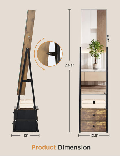 Nicetree Jewelry Cabinet,Standing Jewelry Mirror with Storage, Mirror Jewelry Armoire with 2 Drawers, Full Length Mirror with Lock, Shelf, Polishing Cloth,Wood Grain Brown