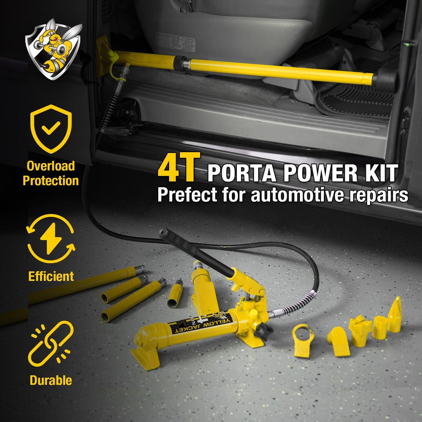 YELLOW JACKET 4 ton Hydraulic Ram Jack Pusher Puller Auto Body Frame Repair Tool Porta Power Kit with Blow Mold Carrying Storage Case for Car Repair,Truck,Farm