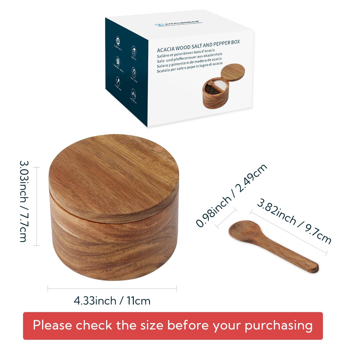 KITCHENDAO Acacia Wood Salt and Pepper Bowl Box, Built-in Spoon, Two Compartments Spice Seasoning Container, Sea Salt Cellar Holder, Magnetic Swivel Lid, Dual 5oz Capacity