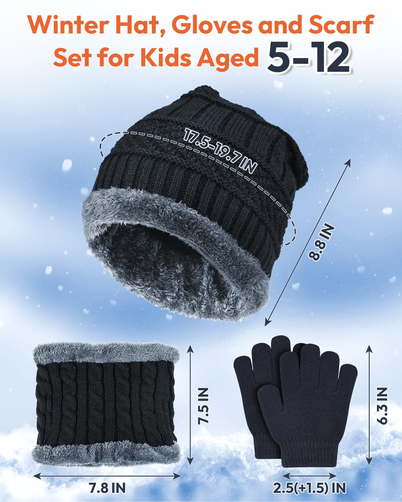 EAONE Kids Winter Hat Gloves Scarf Set, Knitted Toddler Beanie Cap, Mitten Gloves, and Neck Warmer for Boys Girls Aged 5-12