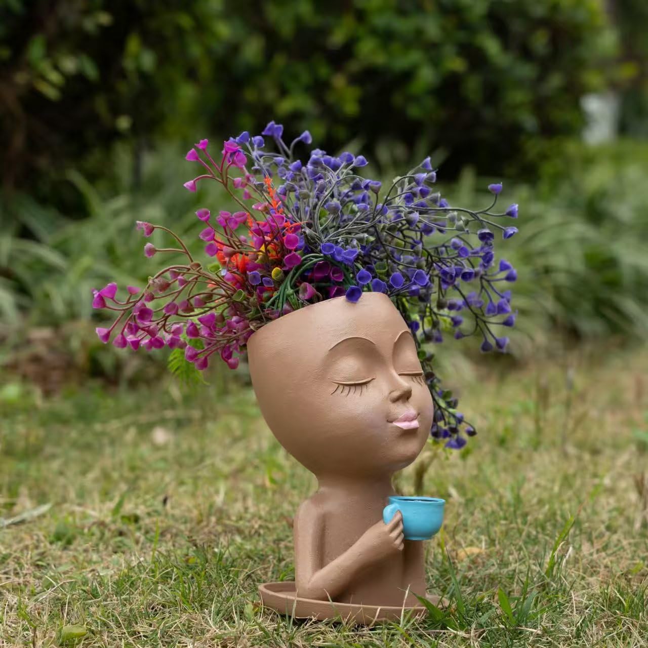 LaulaEnderay Lady Face Planters Flower Pot for Indoor Outdoor Plants, Funny Resin Succulent Planter with Drainage Hole, Cute Head Plant Pots for Home Decor Brown