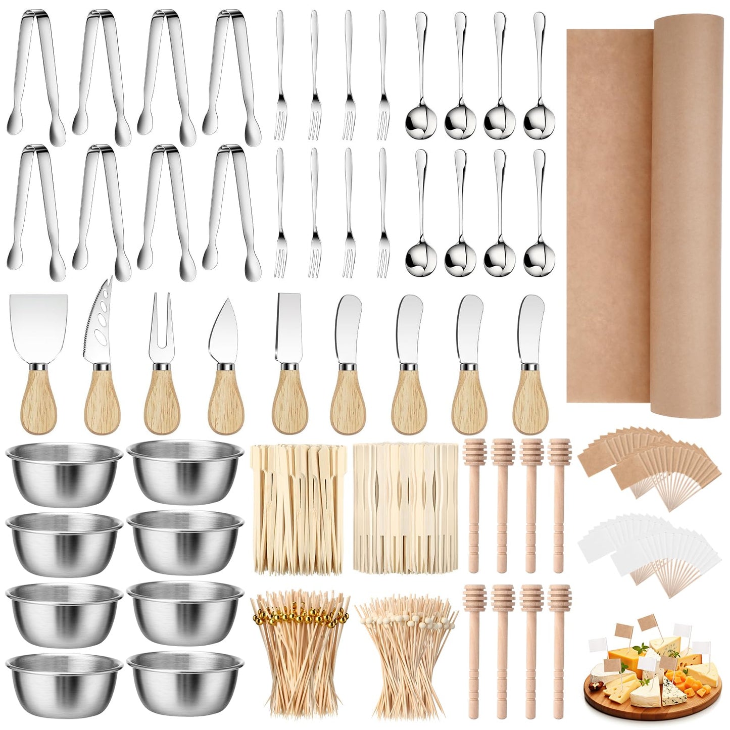 Widecook 530 Pcs Charcuterie Board Accessories Cheese Butter Spreader Knife Set Butcher Paper Roll Serving Tongs Forks Spoons Dipping Bowls Dippers Cocktail Picks for Party Wedding Christmas (Silver)
