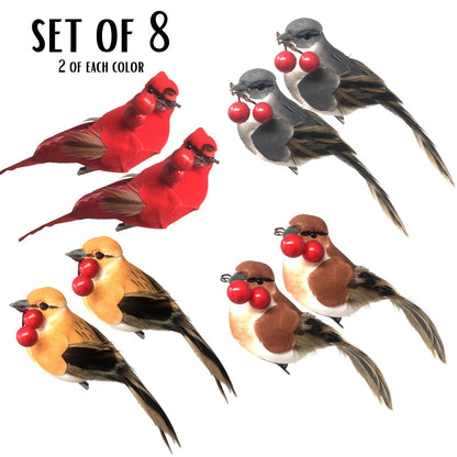 Feathered Song Bird Clip-On Christmas Ornaments - Set of 8 Assorted Styles of Birds with Metal Clips - Cardinals Orioles Finches Chickadees - $2.12 Each - Carrying Red Berries - Measures 4"W
