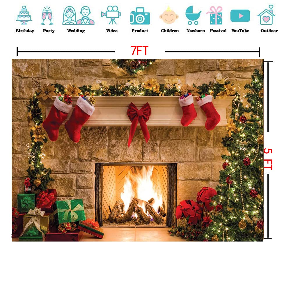 CYLYH 7x5ft Christmas Backdrops Christmas Fireplace Theme Backdrop Tree Sock Decorations for Xmas Party Supplies Photo Background Pictures Banner