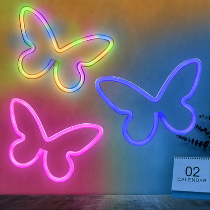 BRIGHTDECK 3 Pcs Butterfly Neon Signs, Neon Light for Bedroom, USB or 3-AA Battery Powered LED Wall Décor for Valentines Day Birthday Gift, Wedding, Party, Home Decor (Pink, Purple, Warm white)